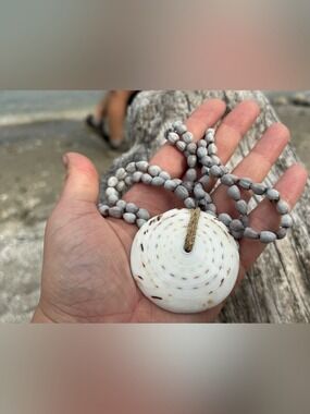Vintage Artisan Job’s Tears Seed & Natural Shell Mala Necklace Reversible Boho